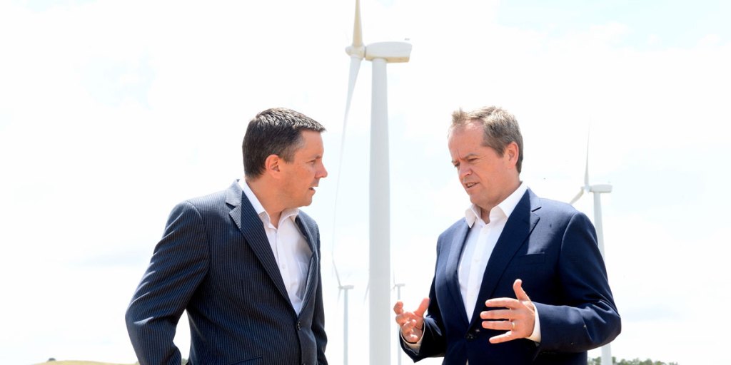 Labor environment spokesman Mark Butler (left) with leader Bill Shorten at a wind farm. 