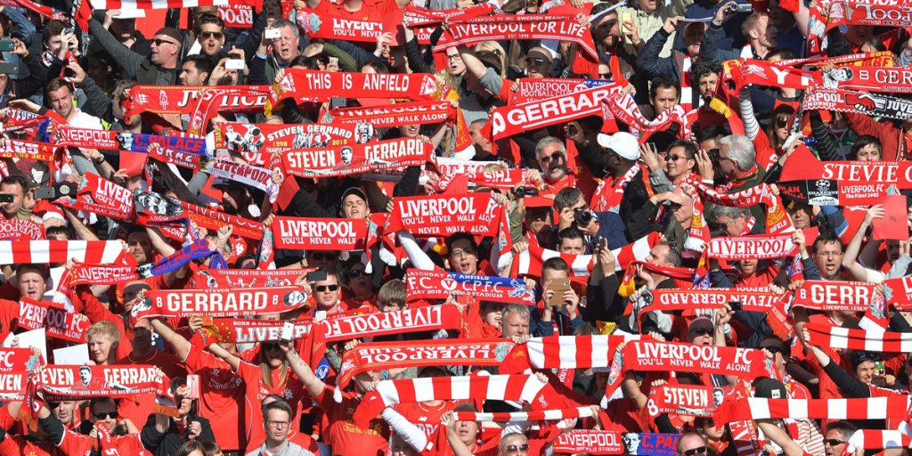 Liverpool fans at Anfield for captain Steven Gerrard's final home appearance in April. EPA image