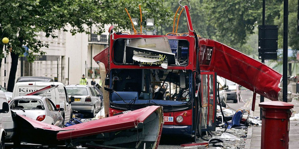The number 30 double-decker bus in Tavistock Square, which was destroyed by a bomb in the terrorist attacks of 7 July, 2005.