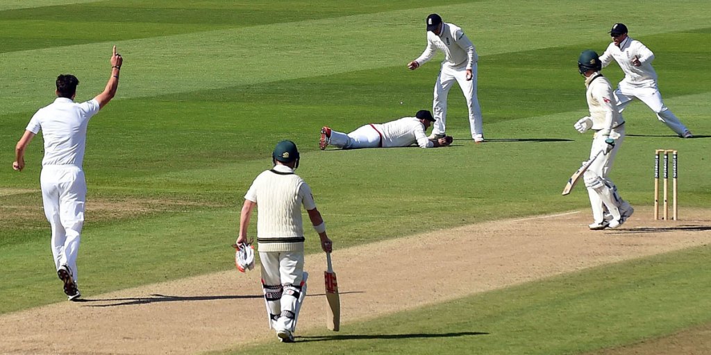 Michael Clarke looks back to see Adam Lyth catch him out for three runs.