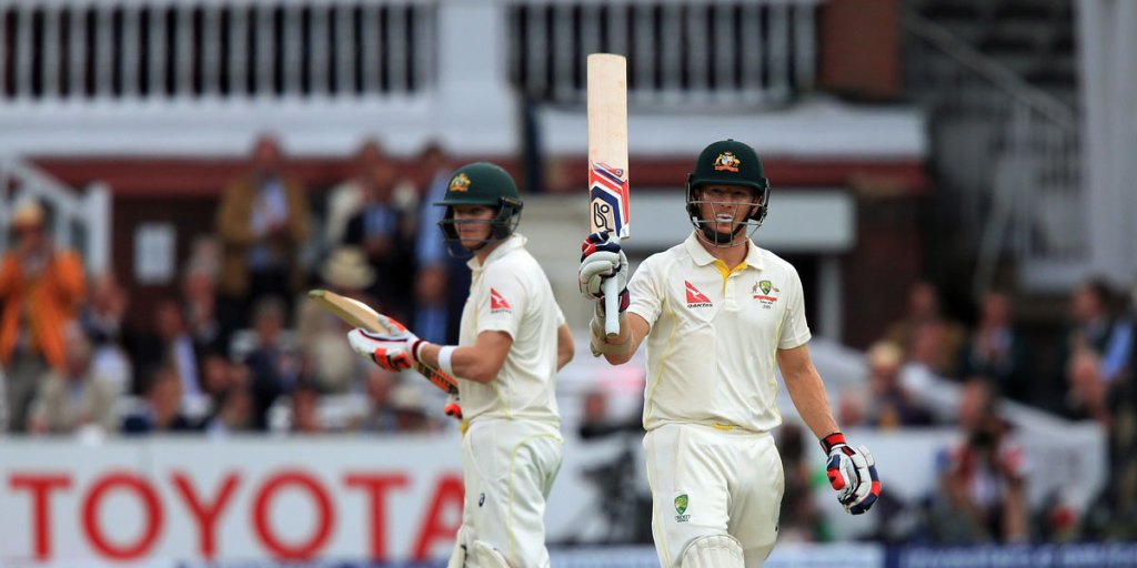 Keeping a lid on it: Chris Rogers celebrates his 150 not out with teammate Steve Smith at Lord's.