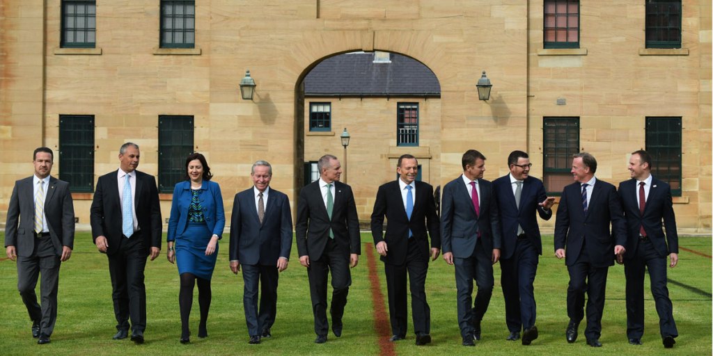 State, territory and local government leaders with Prime Minister Tony Abbott at Victoria Barracks in Sydney yesterday. AAP image