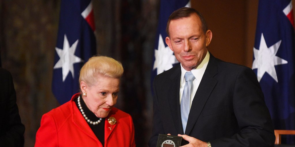 Prime Minister Tony Abbott with Bronwyn Bishop, who resigned the Speakership in the midst of uproar about her expenses.