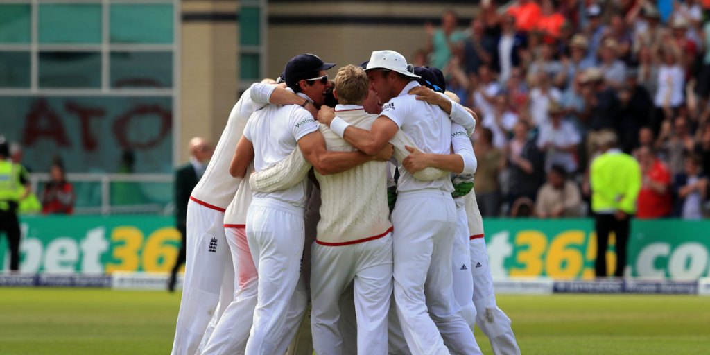 The England team celebrates victory in the fourth Test - and reclaiming the Ashes.