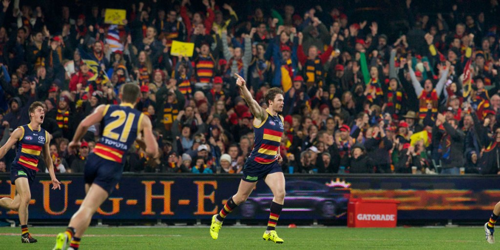 Patrick Dangerfield celebrates a goal against Richmond along with reasonably pleased fans. Photo: Michael Errey/InDaily 
