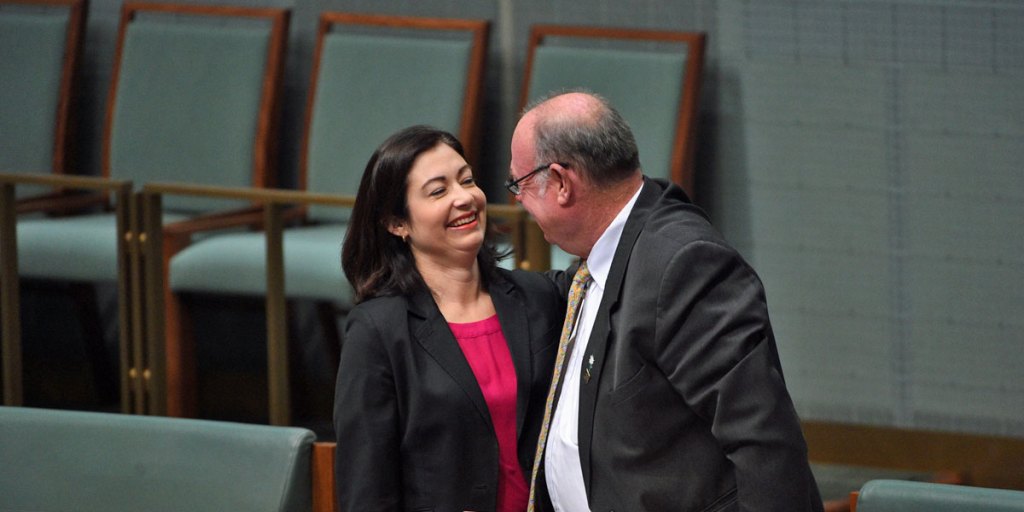 Labor MP Terri Butler hugs government backbencher Warren Entsch while waiting to introduce the same-sex marriage bill in the House of Representatives.