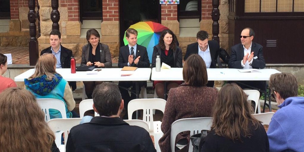 Candidates (left to right) Matthew Carey , Ruth Beach, Sam Taylor, Rebecca Galdies, Robert Simms and Lynton Vonow at a Greens forum on Sunday.