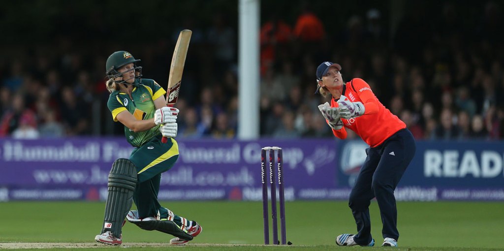 Australia's Meg Lanning hits a six against England.