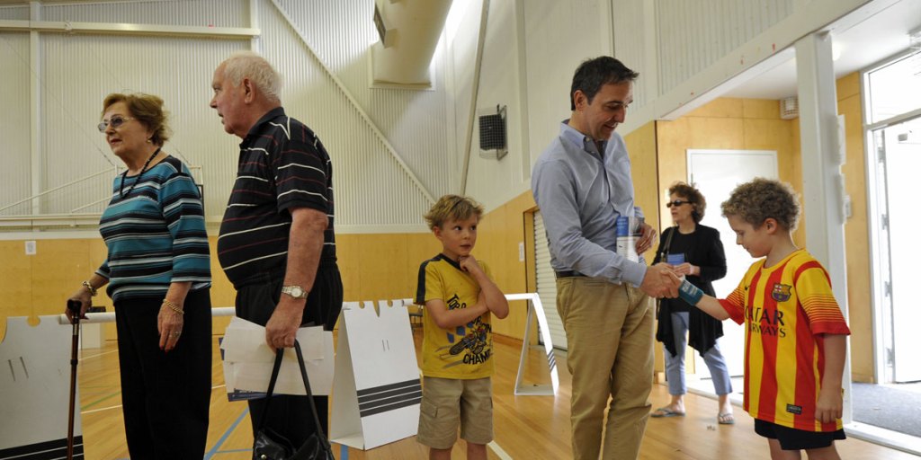 SA Liberal leader Steven Marshall lines up to vote at the March 2014 election, which delivered a 53-47 two party preferred win to the Liberals - but an overall electoral loss.
