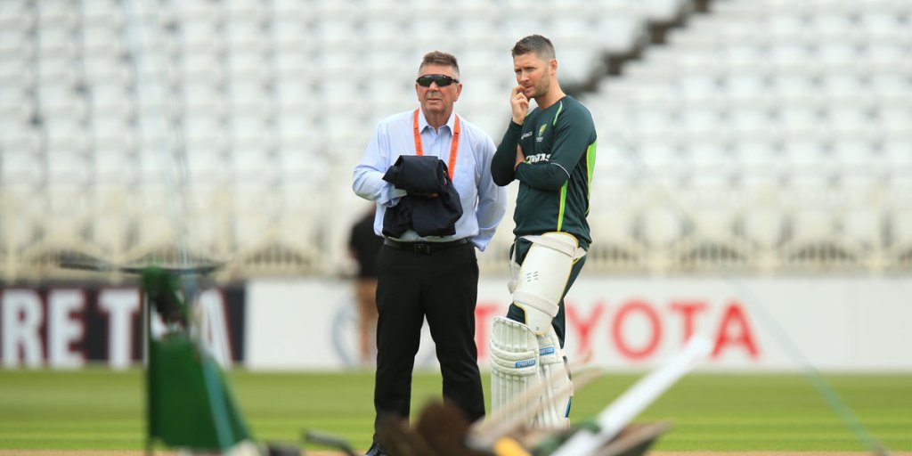 Australia captain Michael Clarke (right) speaks with head selector Rodney Marsh during the nets session at Trent Bridge.