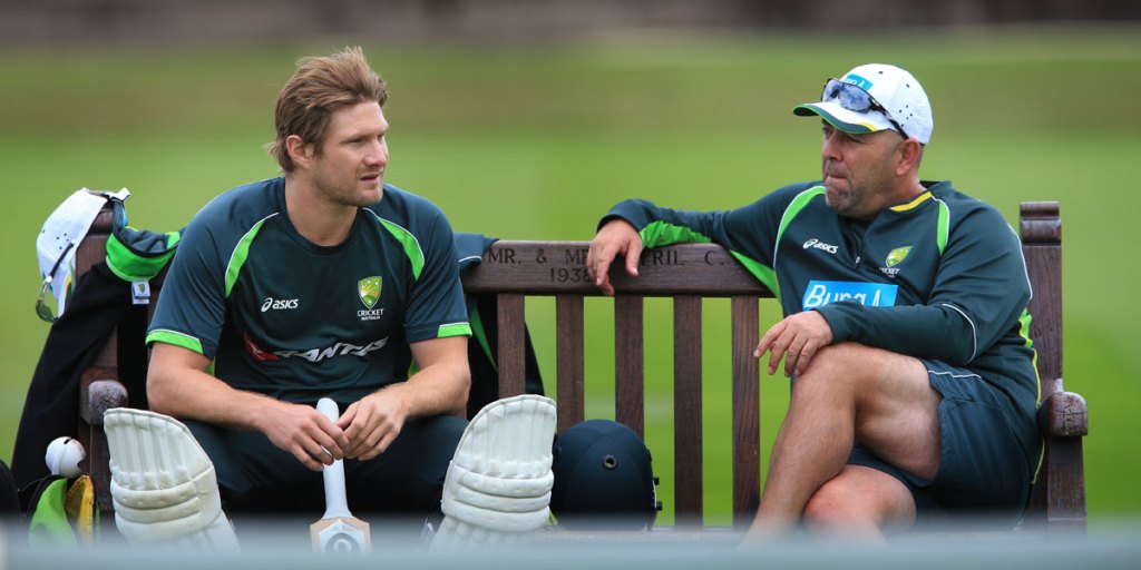 Shane Watson with Australian coach Darren Lehmann.