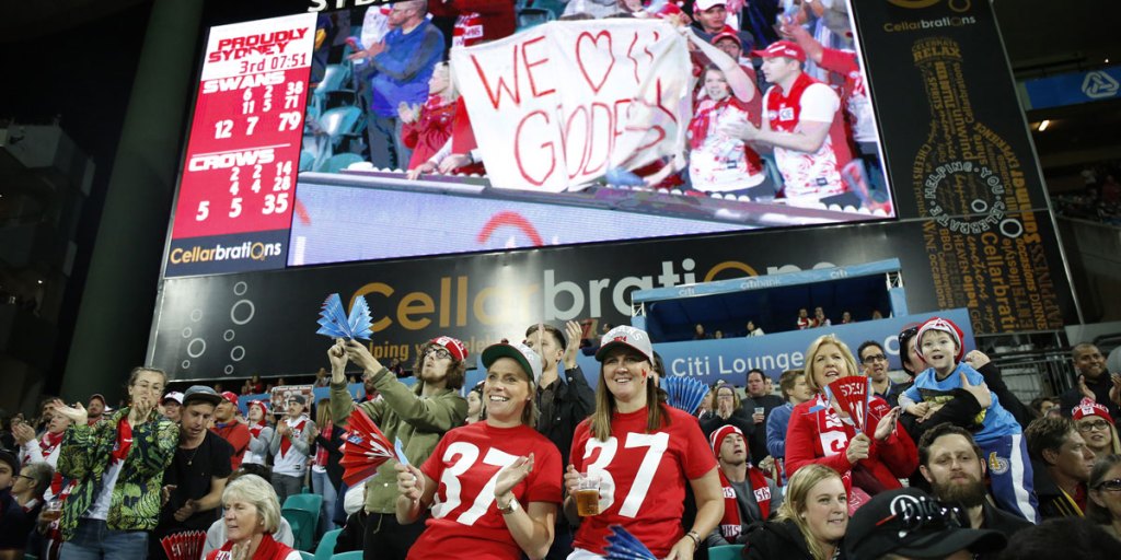 Swans fans applaud Adam Goodes at the seventh minute of the third quarter against the Crows.