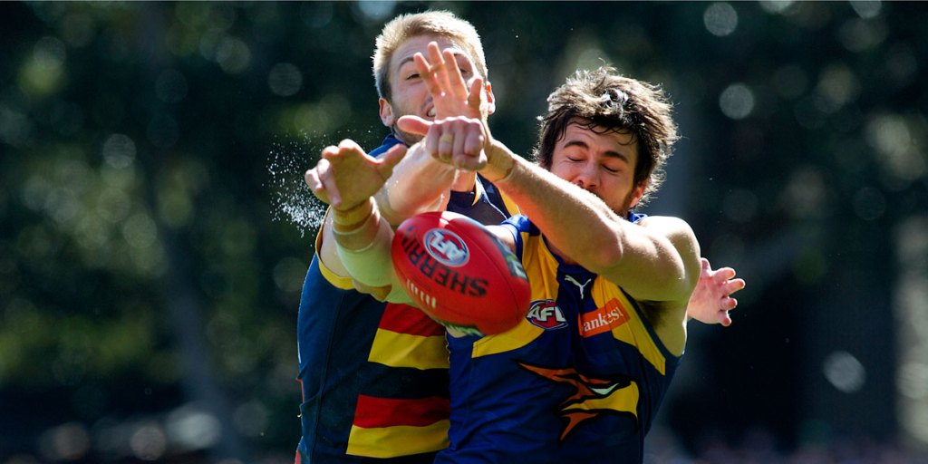 Daniel Talia spoils Josh Kennedy's attempt to mark. Photo: Michael Errey/InDaily