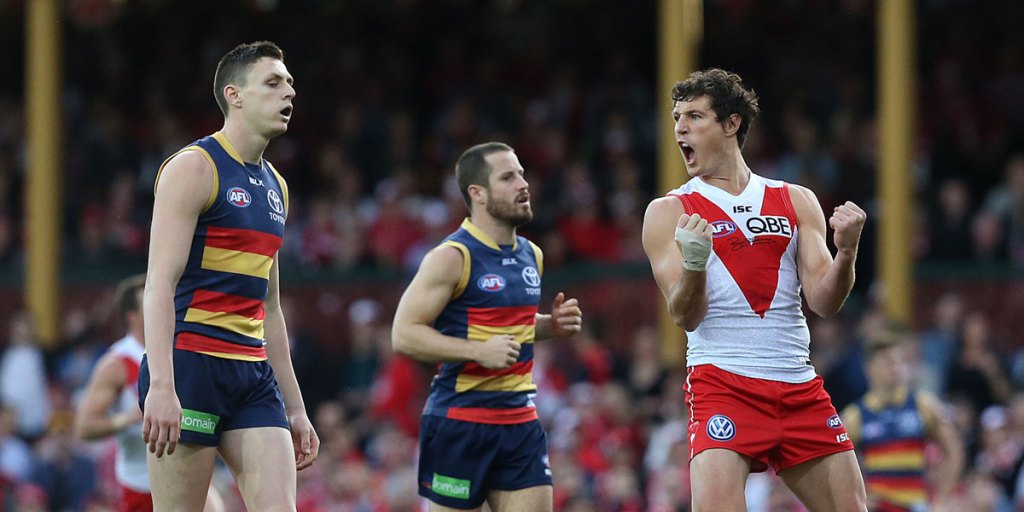 One of the more restrained celebrations by Kurt Tippett during his first match against the Crows.