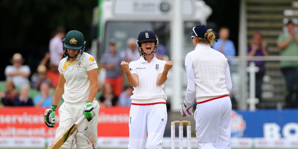 England Captain Charlotte Edwards (middle) celebrates as Australia's Megan Schutt loses her wicket on day one of the Women's Ashes Test at The Spitfire Ground, Canterbury.