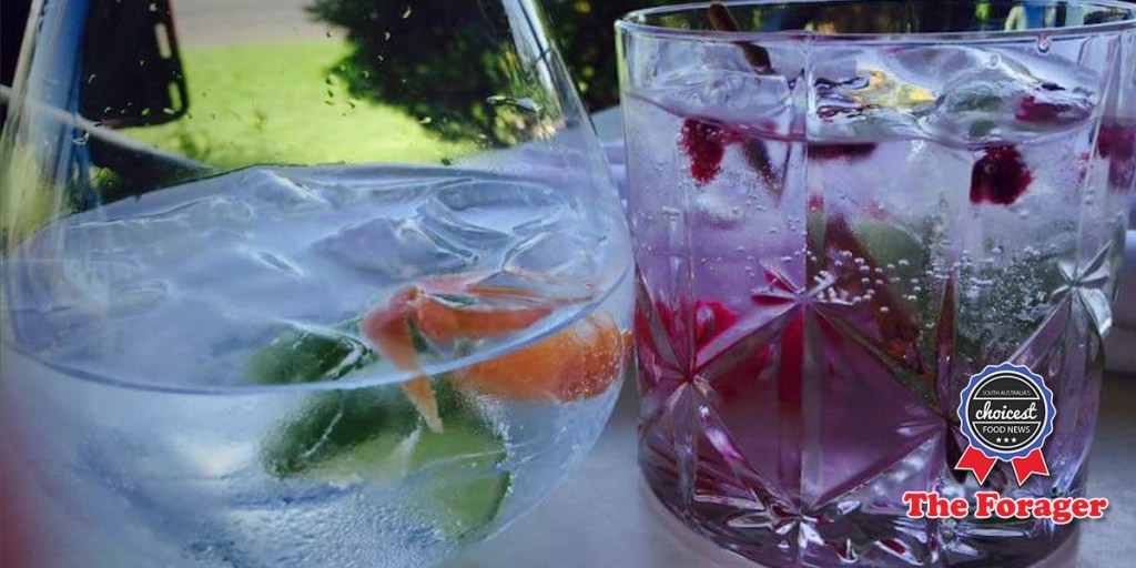 Adelaide Hills' 28 Degrees Gin and tonic with cucumber and capsicum garnish (left) and pomegranate and cassia (right). Photo: Sasha La Forgia