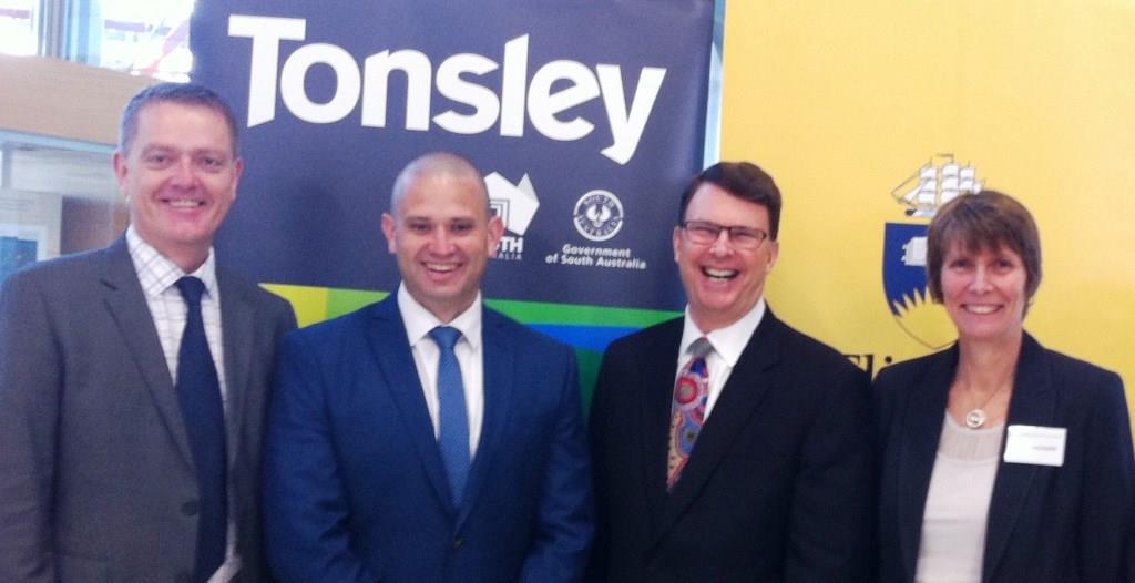 Flinders Vice-Chancellor Professor Colin Stirling (left to right) with Minister for Manufacturing and Innovation Mr Kyam Maher, US Ambassador to Australia Mr Jim Berry, and Professor Karen Reynolds, director of Flinders' Medical Device Research Institute. 