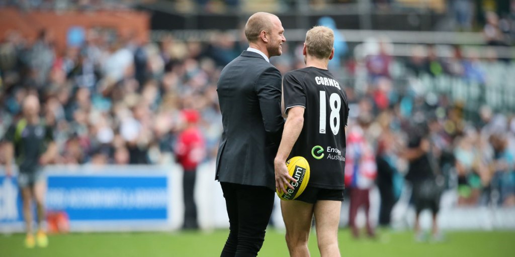 Chad Cornes with brother Kane before the latter's final game for Port Adelaide at Adelaide Oval in May.