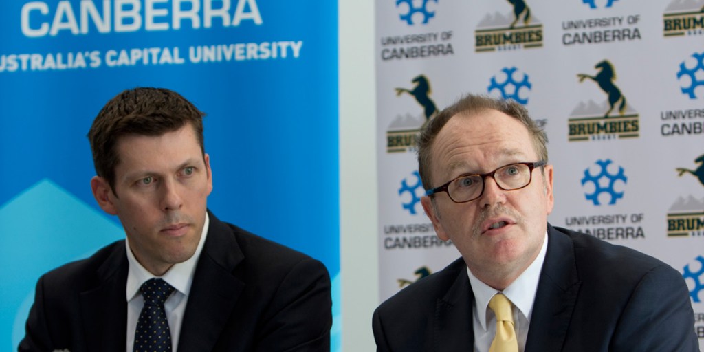 Fagan and University of Canberra vice-chancellor Stephen Parker announcing the Brumbies' partnership deal with the university in 2012.