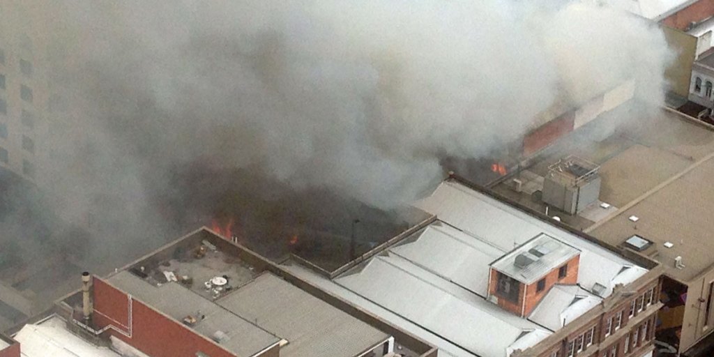 An aerial view of the blaze that gutted a building off Hindley Street yesterday.