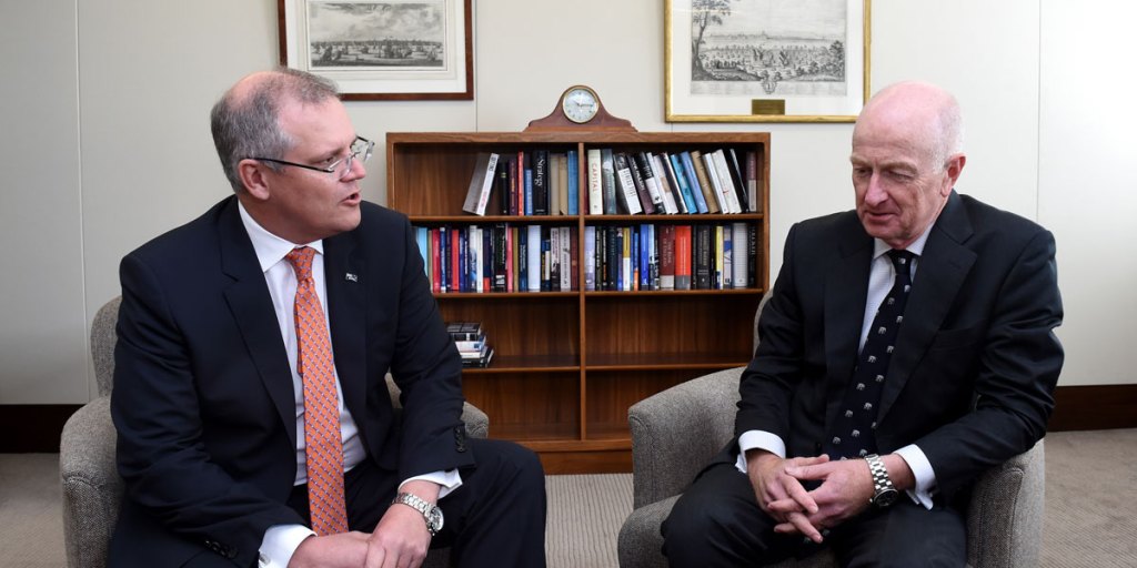 Treasurer Scott Morrison (left) meets with Reserve Bank governor Glenn Stevens in Sydney today. AAP image