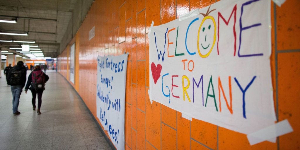 Welcome placards at the main train station in Dortmund, western Germany, where more refugees are expected to arrive. AFP image