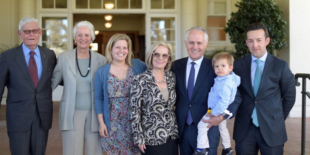 Malcolm Turnbull and his family at his swearing in as Prime Minister at Government House yesterday. AAP image