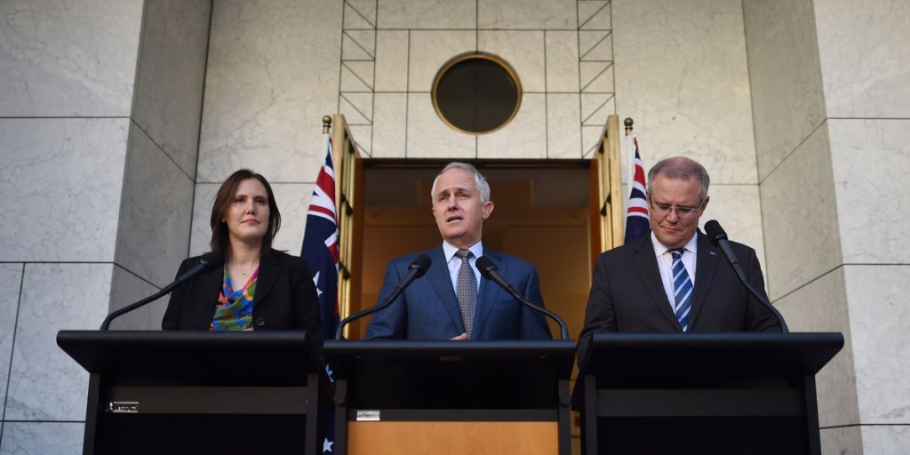 Prime Minister Malcolm Turnbull (centre), Treasurer Scott Morrison and Assistant Treasurer Kelly O'Dwyer announced the Government's response to the financial systems inquiry. AAP image