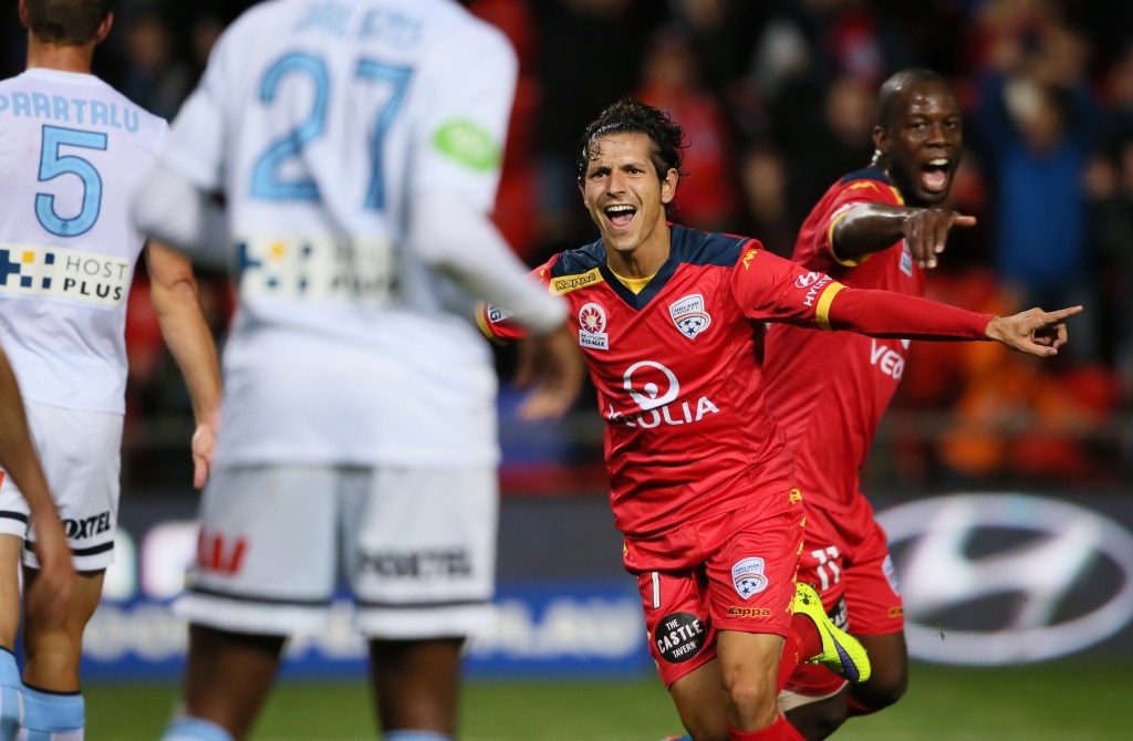 Pablo Sanchez of Adelaide United reacts after scoring the second goal for his team against Melbourne City in April. AAP Image/Ben Macmahon