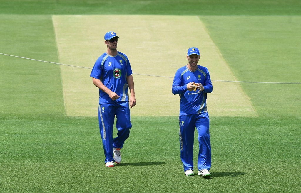 Mitchell Marsh (left) and Peter Nevill during a team training session.