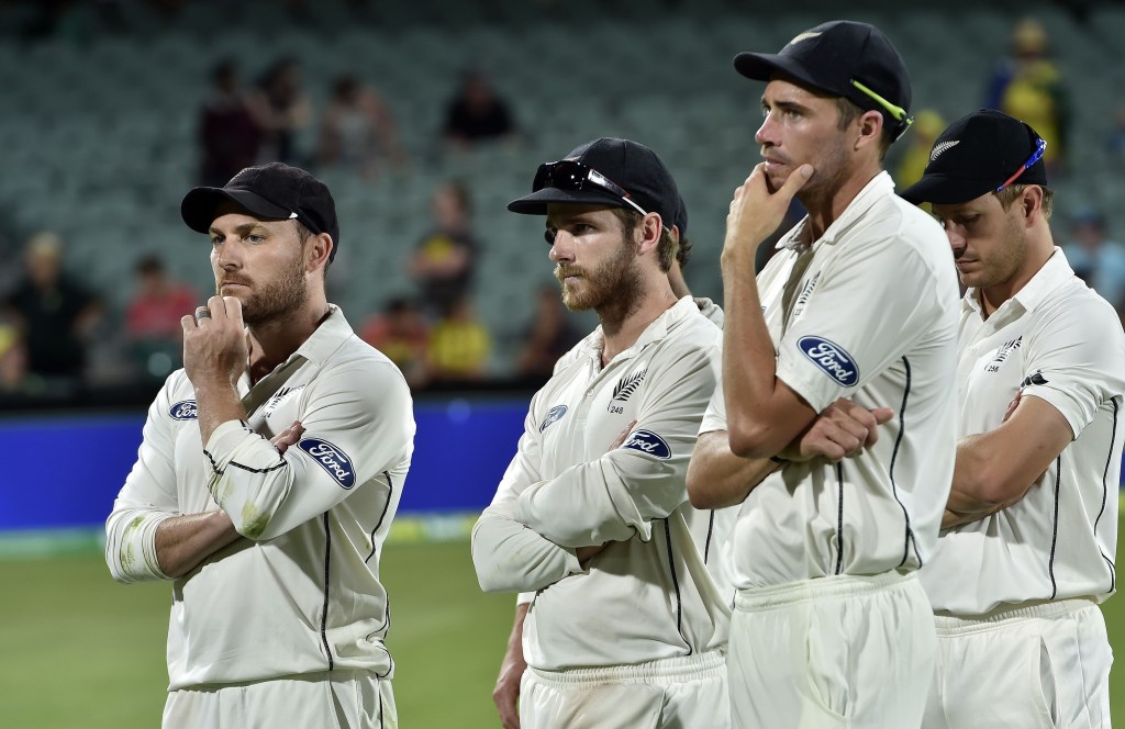 New Zealand captain Brendon McCullum (left) after their loss in the Adelaide Test. AFP PHOTO / SAEED KHAN