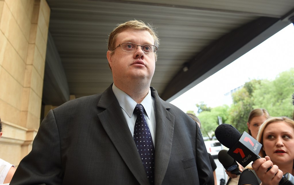 Bernard Finnigan leaves the District Court in Adelaide today. AAP Image/Dave Hunt