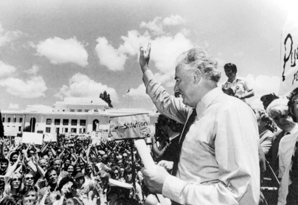 Gough Whitlam speaking to the crowds outside Parliament House after the dismissal. Photo: moadoph.gov.au