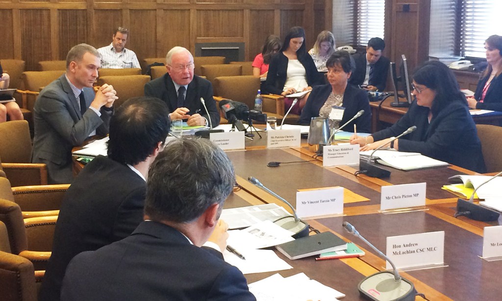 ICAC Commissioner Bruce Lander addresses a parliamentary committee hearing.
