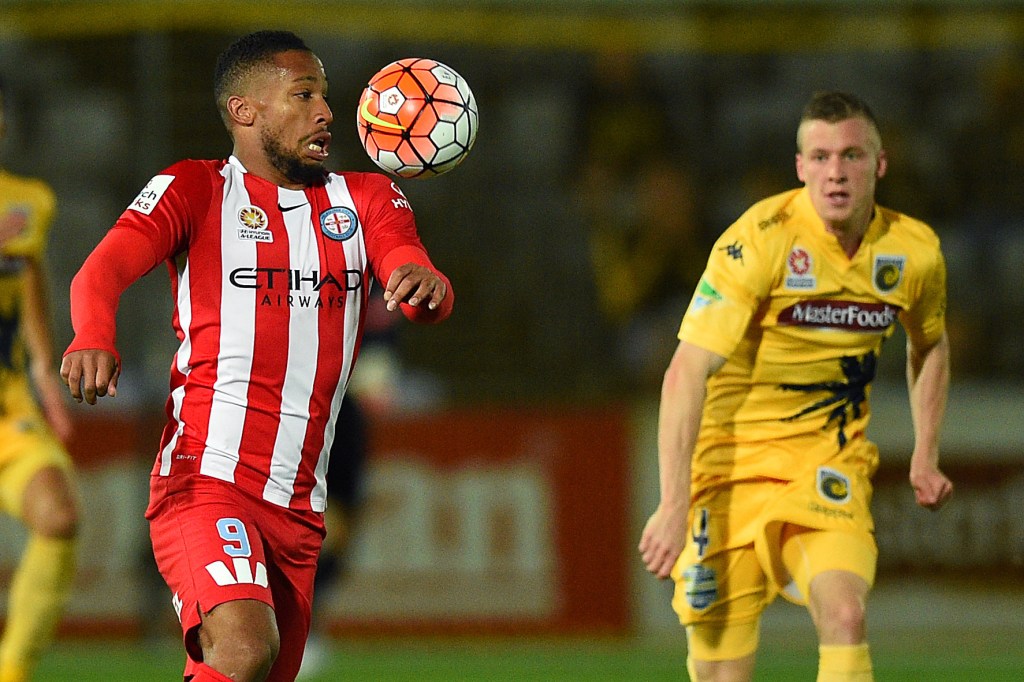 Harry Novillo (left) scored twice for City. AAP Image/Dan Himbrechts