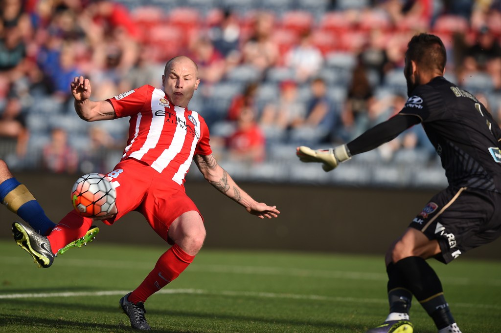 Aaron Mooy of City scores his second goal against the Newcastle Jets. AAP Image/Dan Himbrechts