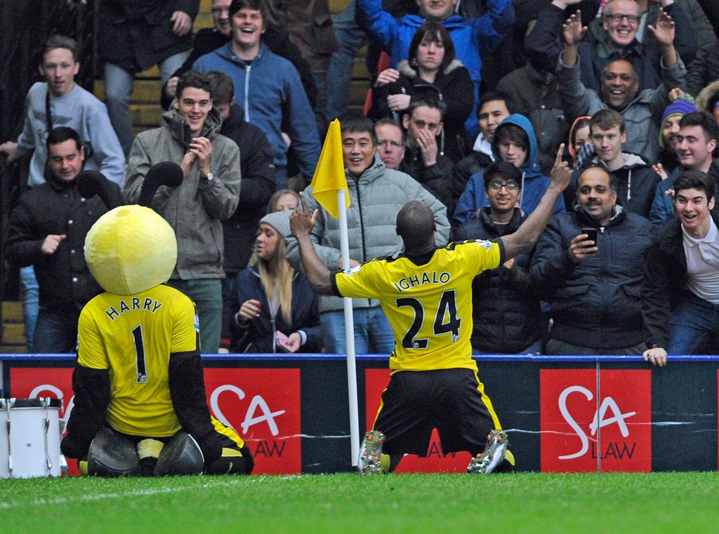 Watford's Odion Ighalo celebrates scoring his third goal against Liverpool.  Photo: EPA/Gerry Penny