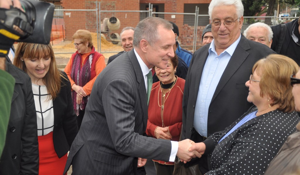Premier Jay Weatherill and Labor MP Grace Portolesi greet members of the Italian community during a protest against the planned closure of the Italian Consulate in 2014. AAP image