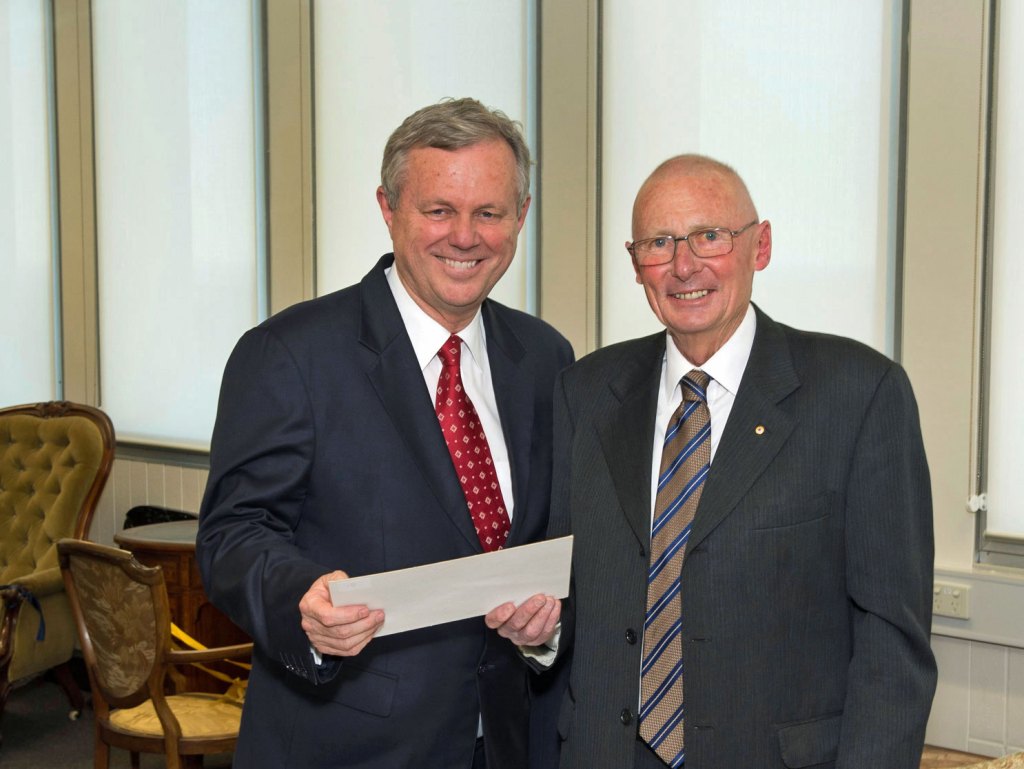 Mike Rann (left) with John Bannon at the launch of the Bannon Collection at Flinders University in 2012. Photo courtesy Flinders University