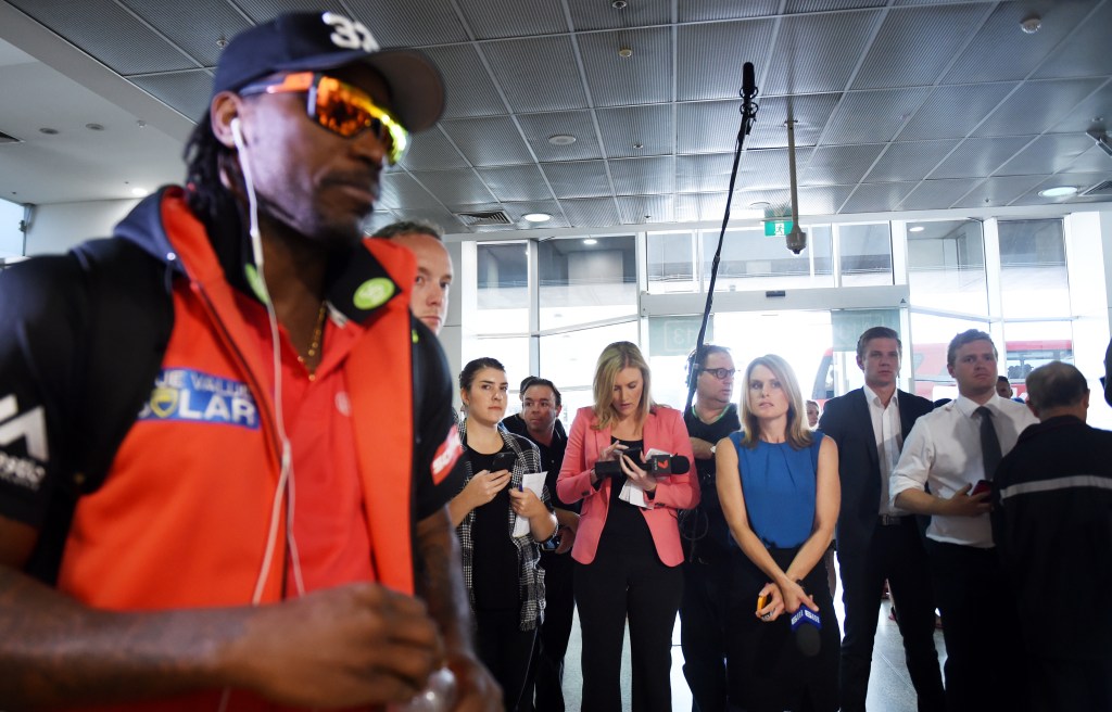Chris Gayle at Melbourne Airport ahead of his brief media conference yesterday. Photo: Tracey Nearmy, AAP