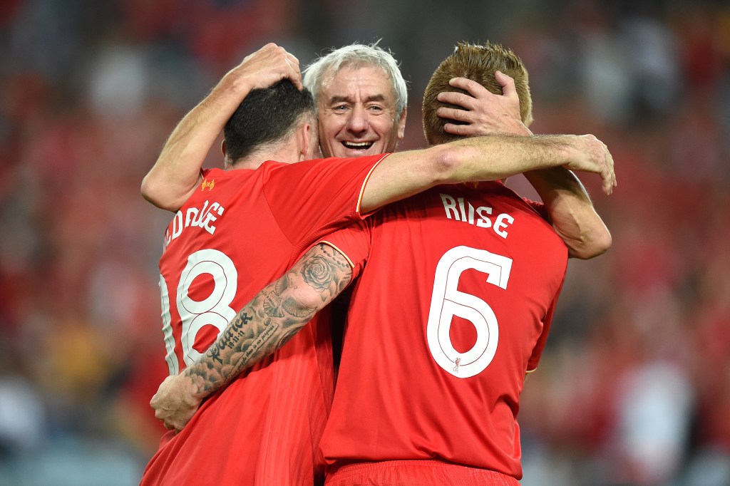 Liverpool's Ian Rush congratulates John Aldridge (left) after he scored a goal. Photo: Dan Himbrechts, AAP.