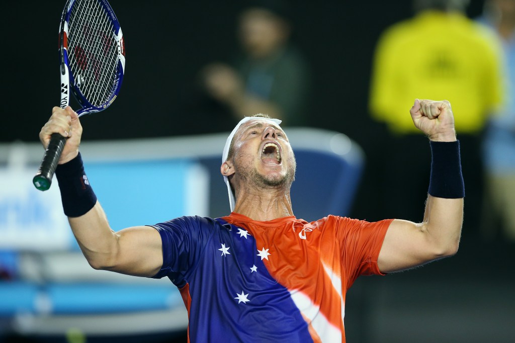 Lleyton Hewitt celebrates his win against James Duckworth. Photo: David Crosling, AAP.