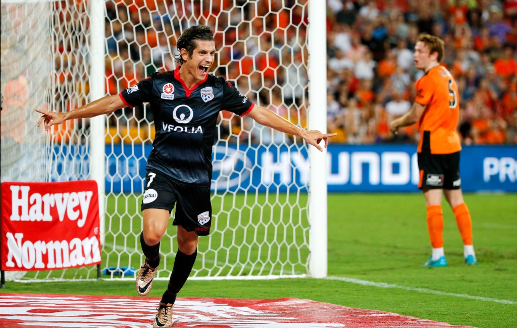 Pablo Sanchez celebrates a goal against Brisbane. AAP Image/Glenn Hunt