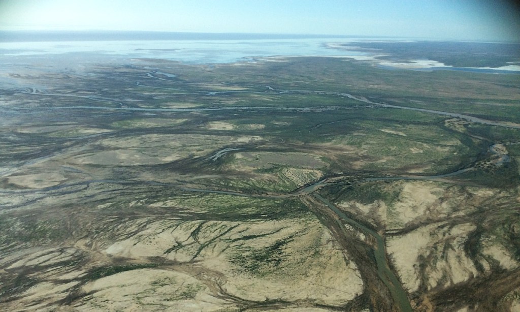 Greening of the desert: a recent photo by Trevor Wright shows waters flowing to Lake Eyre.