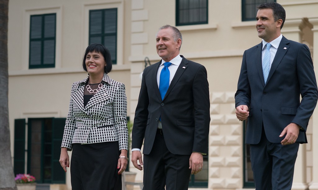 Premier Jay Weatherill (centre) at Government House today with new ministers Leesa Vlahos and Peter Malinauskas. Photo: Nat Rogers/InDaily