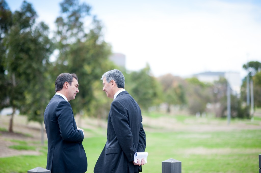 Steven Marshall (left) with veteran Treasury spokesman Rob Lucas. Photo: Nat Rogers/InDaily