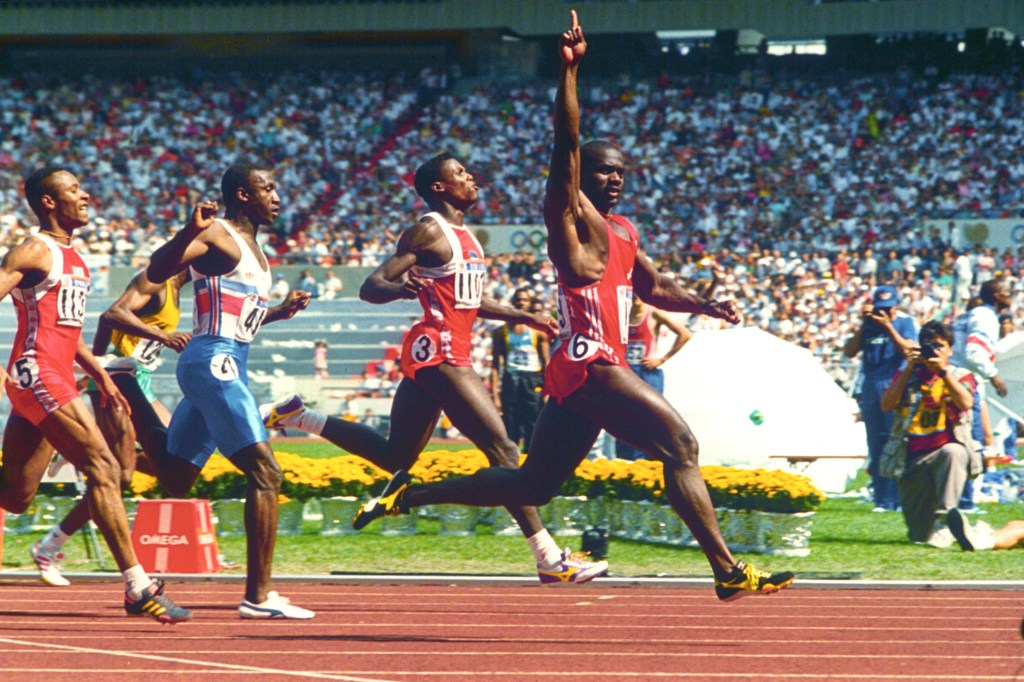 A performance-enahnced Ben Johnson wins the 100m at the Seoul Olympic Games. PA Image