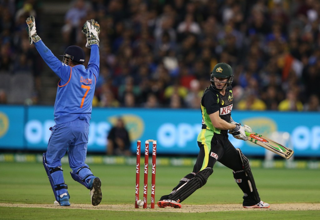 Faulkner is stumped by India's MS Dhoni during the second T20 International in Melbourne. Photo: David Crosling, AAP