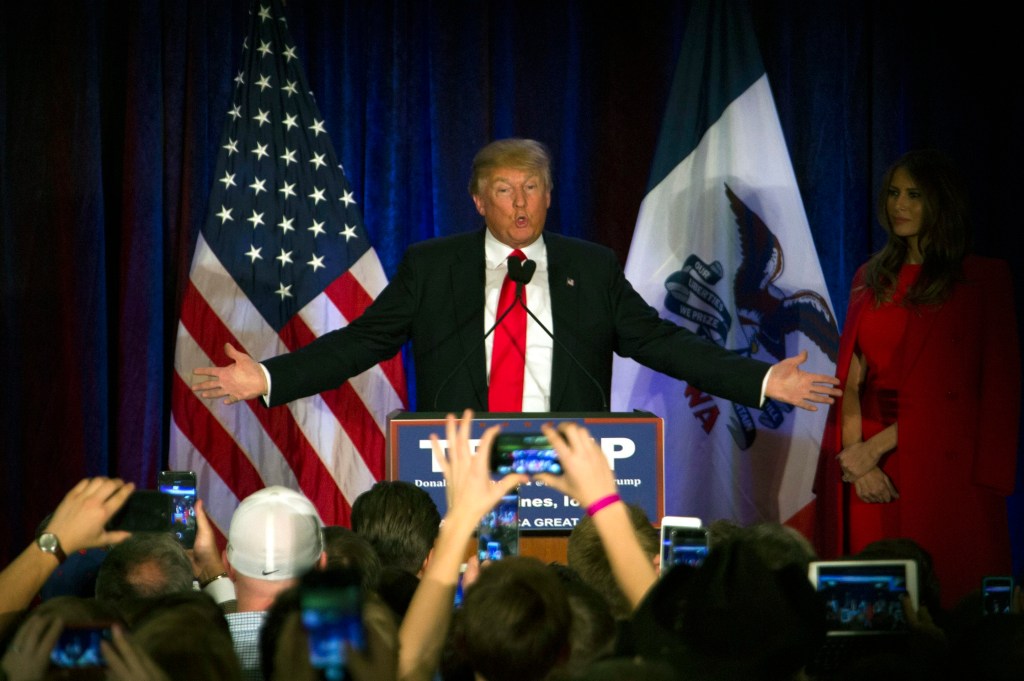 Republican presidential candidate Donald Trump  speaks to supporters in  Des Moines. Photo:  EPA/JOHN TAGGART