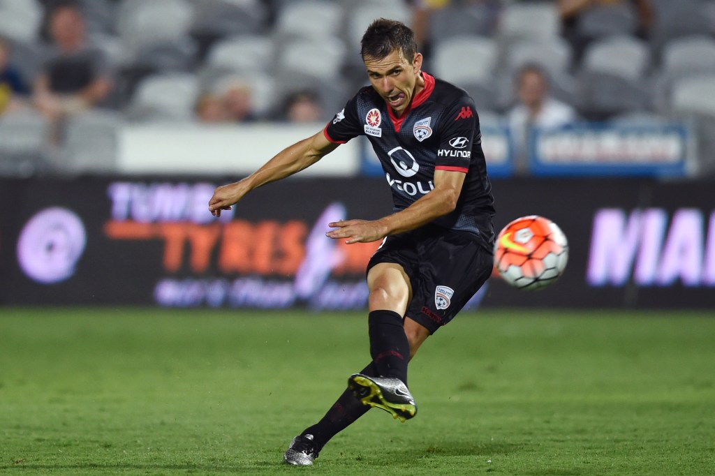 Isaias of United scores a goal from a penalty kick against Central Coast Mariners. Photo: Paul Miller, AAP.
